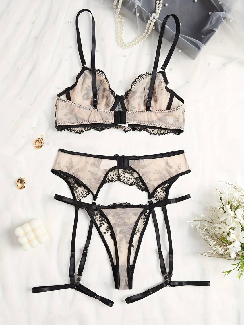 Exquisite Floral Embroidery Lingerie Set - Semi-Sheer, Bow-Adorned, Bra, Thong, and Garter Belt - Image 2