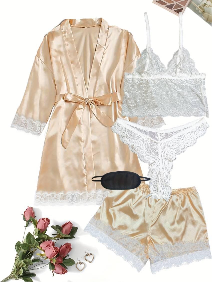 Luxe Floral Lace Satin Lounge Set - Soft and stylish robe with belt, V-neck camisole, thong and shorts - Image 53