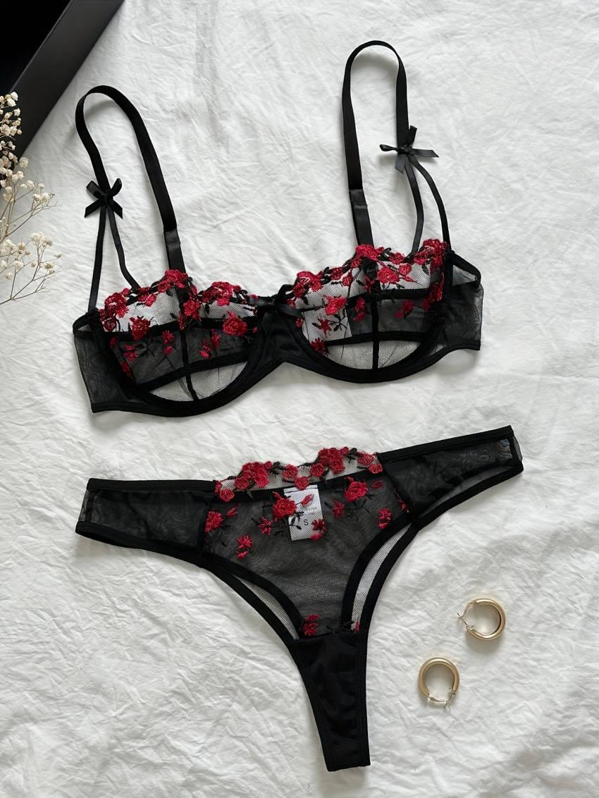 Floral embroidered bra set, mesh unlined bra and mesh panties - Image 3