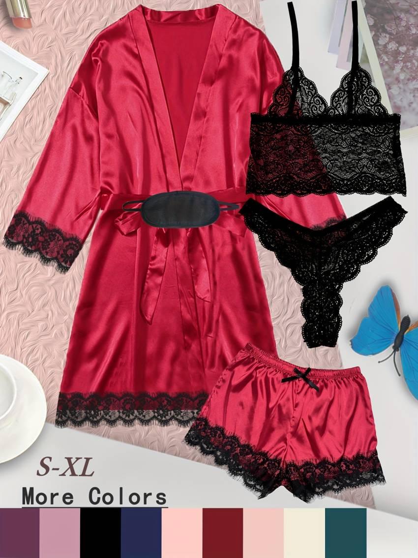 Luxe Floral Lace Satin Lounge Set - Soft and stylish robe with belt, V-neck camisole, thong and shorts - Image 7