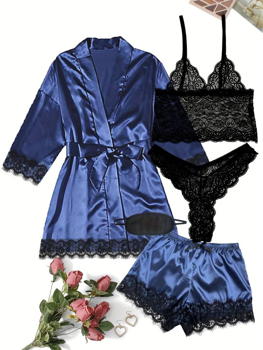 Luxe Floral Lace Satin Lounge Set - Soft and stylish robe with belt, V-neck camisole, thong and shorts - Image 38