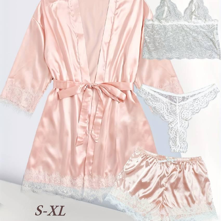 Luxe Floral Lace Satin Lounge Set - Soft and stylish robe with belt, V-neck camisole, thong and shorts - Image 64