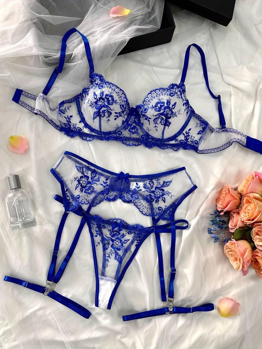 Exquisite Floral Embroidery Lingerie Set - Semi-Sheer, Bow-Adorned, Bra, Thong, and Garter Belt - Image 7