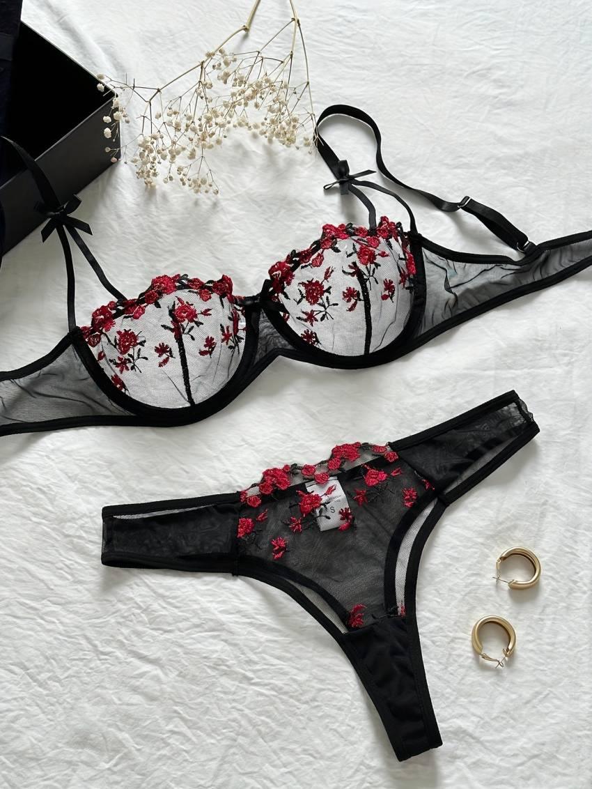 Floral embroidered bra set, mesh unlined bra and mesh panties
