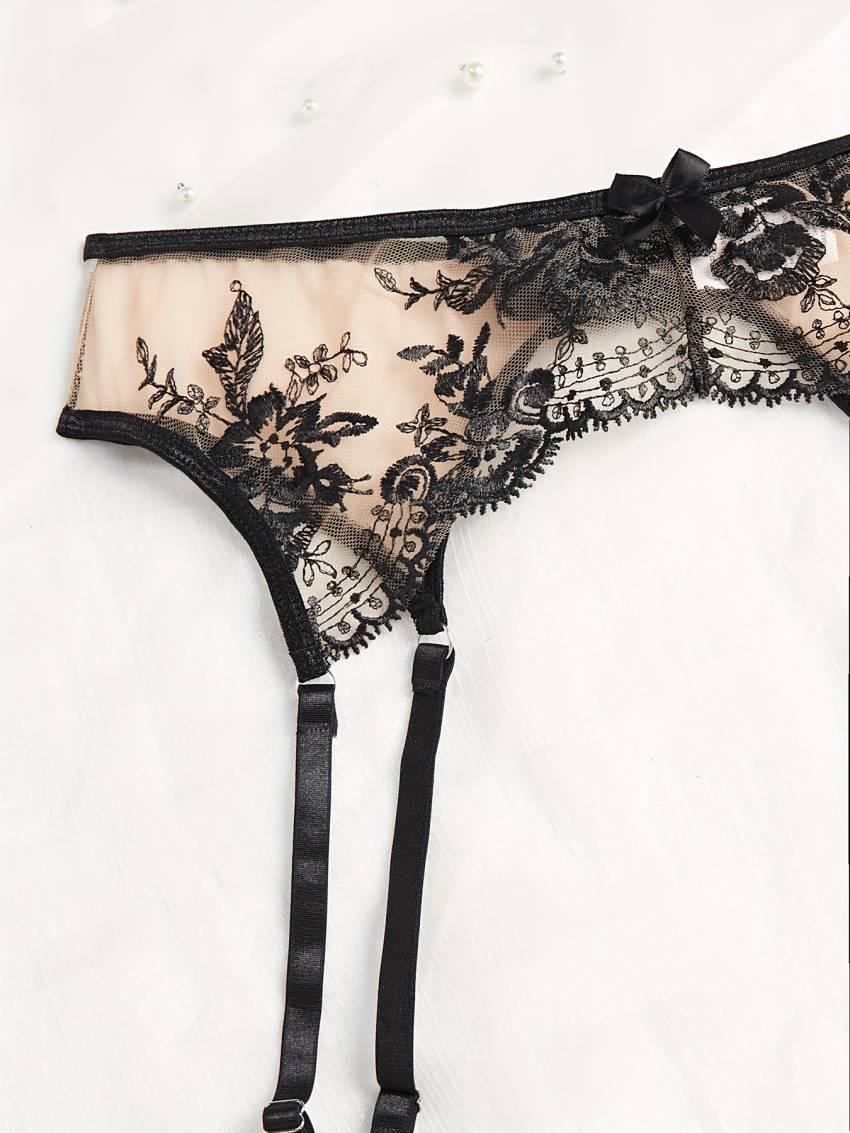Exquisite Floral Embroidery Lingerie Set - Semi-Sheer, Bow-Adorned, Bra, Thong, and Garter Belt - Image 5