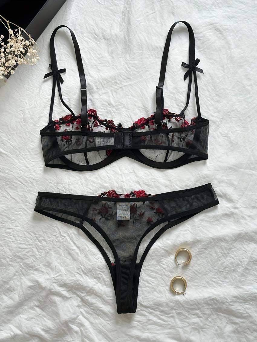 Floral embroidered bra set, mesh unlined bra and mesh panties - Image 2