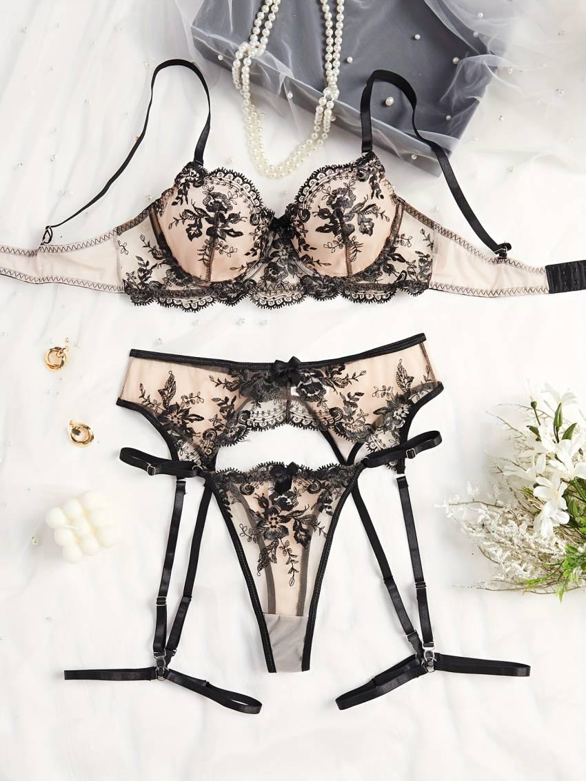 Exquisite Floral Embroidery Lingerie Set - Semi-Sheer, Bow-Adorned, Bra, Thong, and Garter Belt - Image 3
