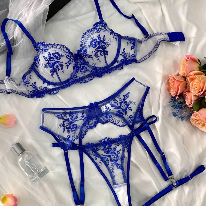 Exquisite Floral Embroidery Lingerie Set - Semi-Sheer, Bow-Adorned, Bra, Thong, and Garter Belt - Image 14