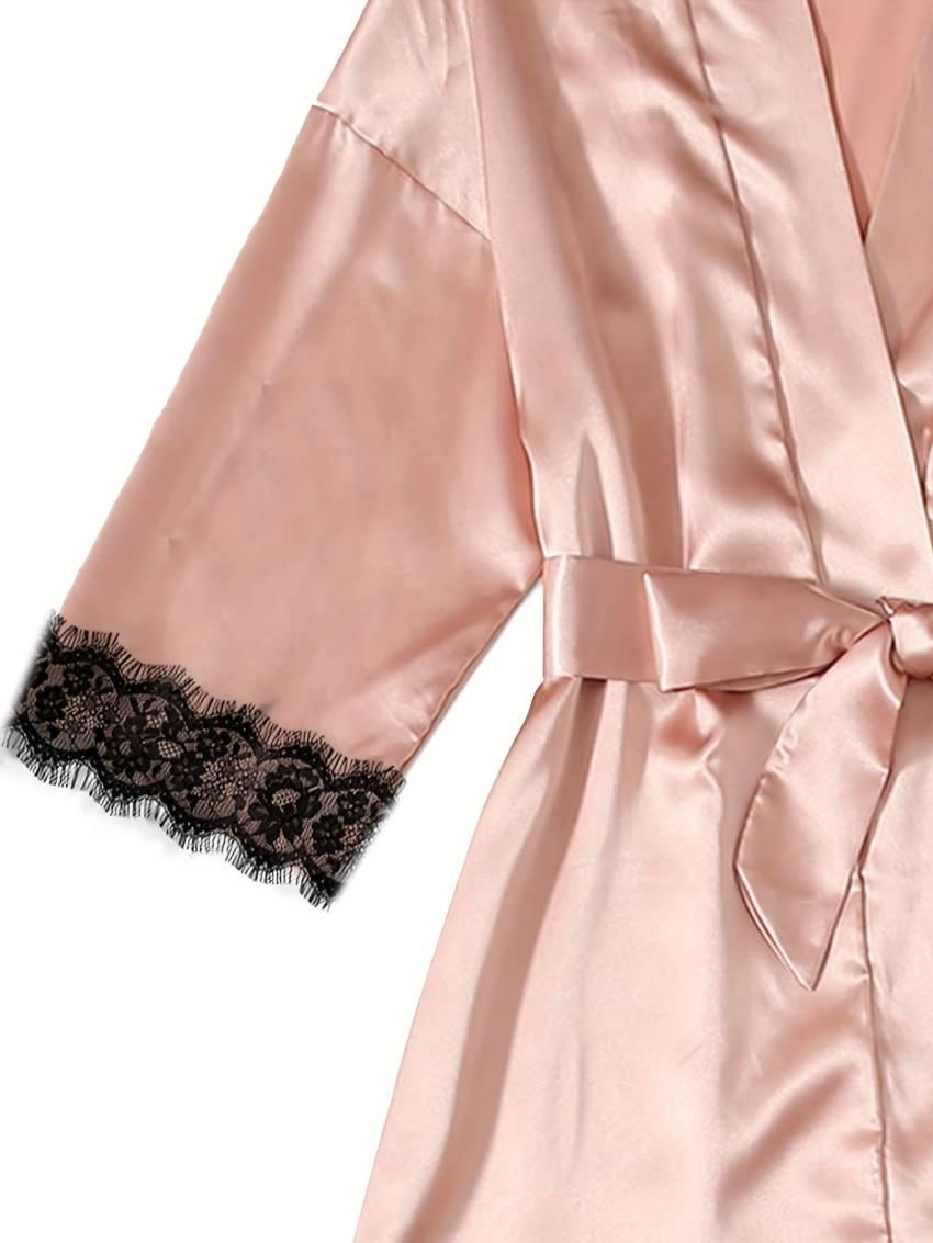Luxe Floral Lace Satin Lounge Set - Soft and stylish robe with belt, V-neck camisole, thong and shorts - Image 48
