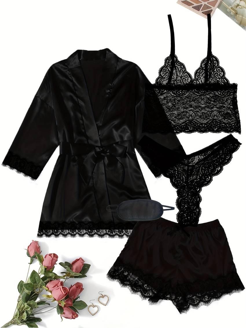 Luxe Floral Lace Satin Lounge Set - Soft and stylish robe with belt, V-neck camisole, thong and shorts - Image 3