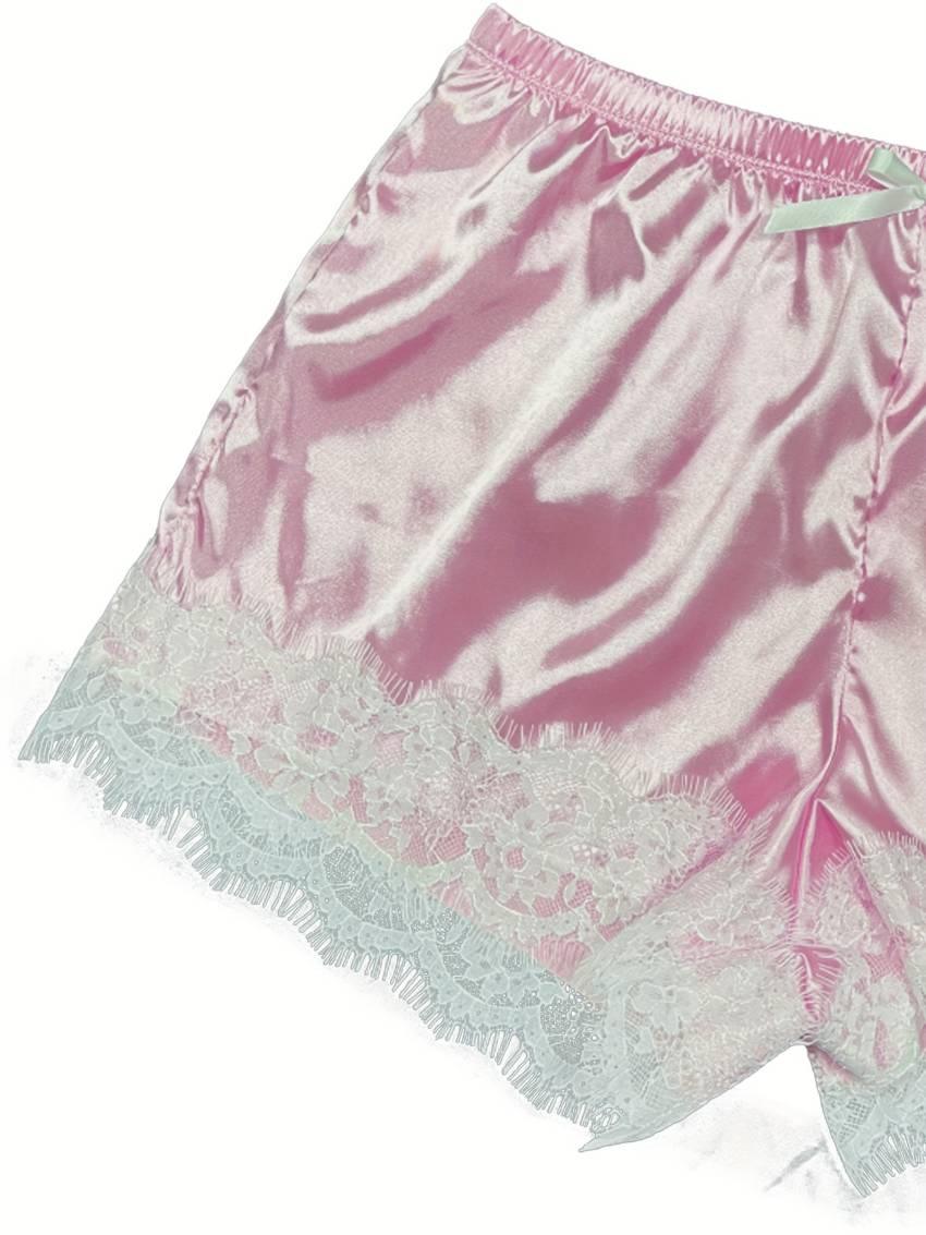Luxe Floral Lace Satin Lounge Set - Soft and stylish robe with belt, V-neck camisole, thong and shorts - Image 24