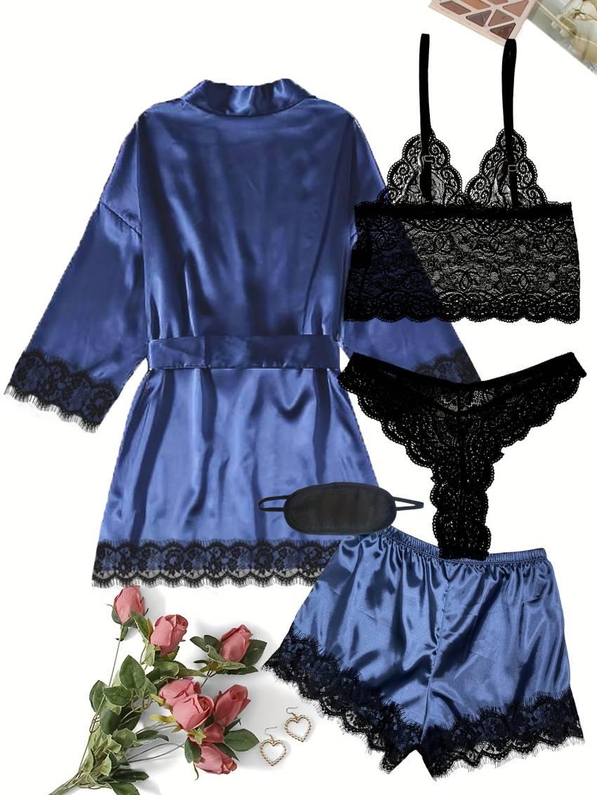 Luxe Floral Lace Satin Lounge Set - Soft and stylish robe with belt, V-neck camisole, thong and shorts - Image 39