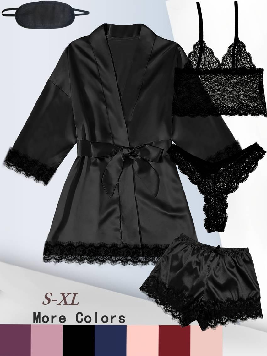 Luxe Floral Lace Satin Lounge Set - Soft and stylish robe with belt, V-neck camisole, thong and shorts