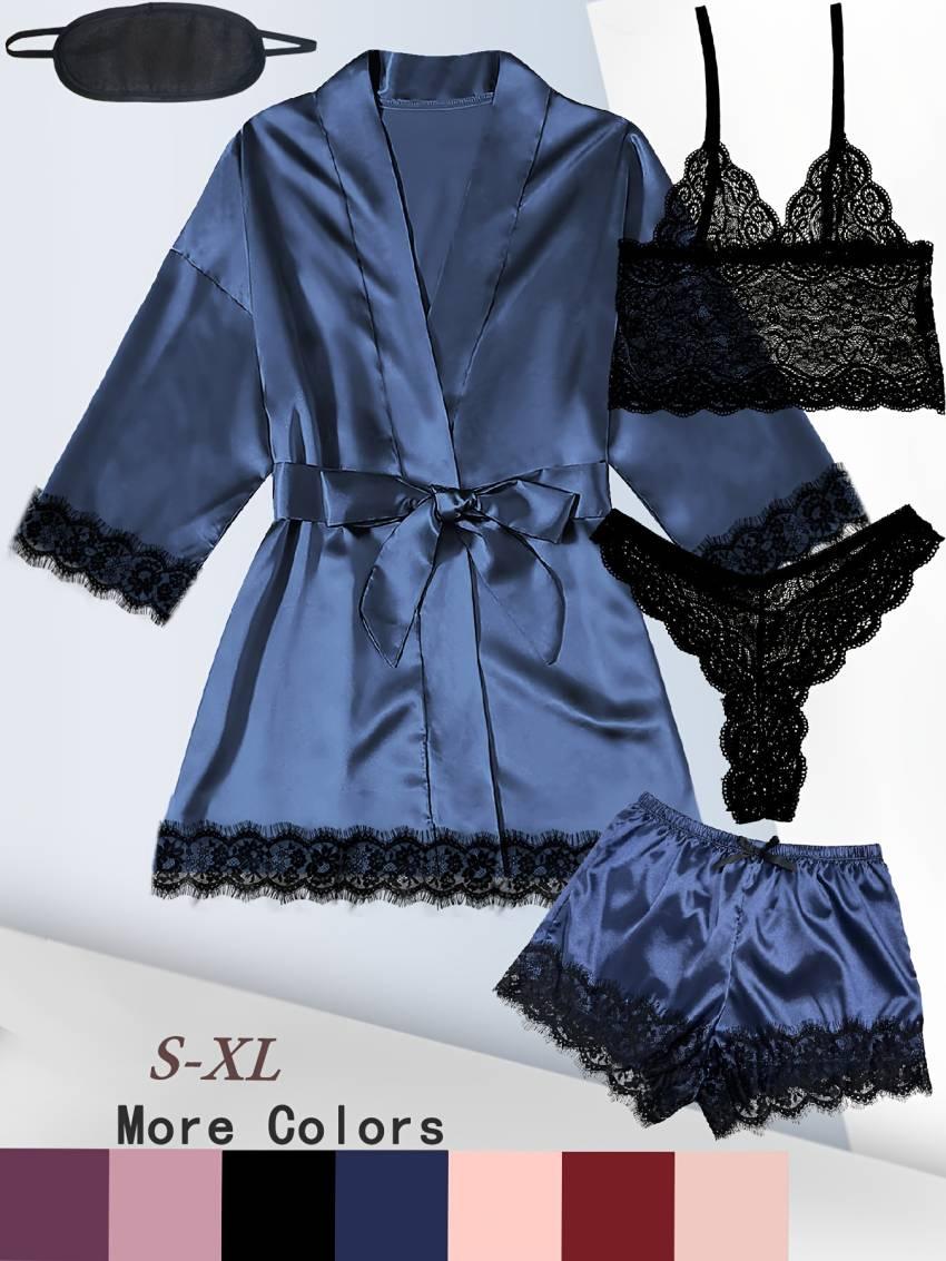 Luxe Floral Lace Satin Lounge Set - Soft and stylish robe with belt, V-neck camisole, thong and shorts - Image 37