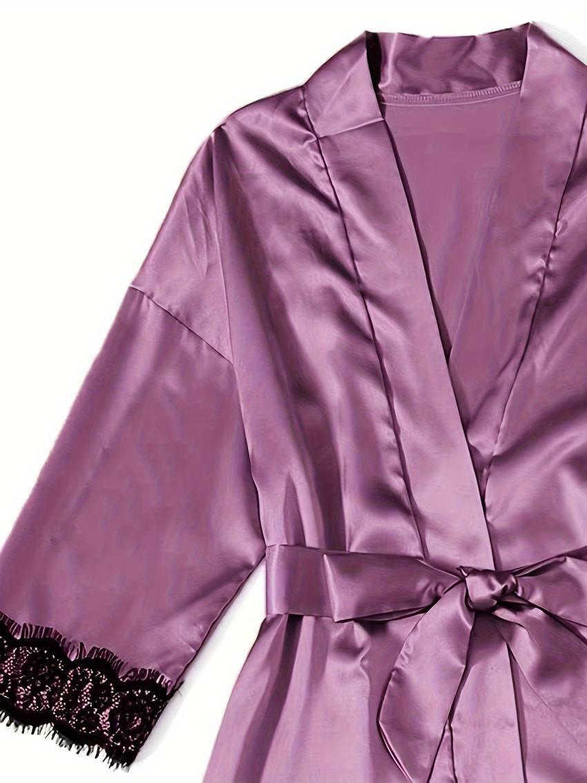 Luxe Floral Lace Satin Lounge Set - Soft and stylish robe with belt, V-neck camisole, thong and shorts - Image 28