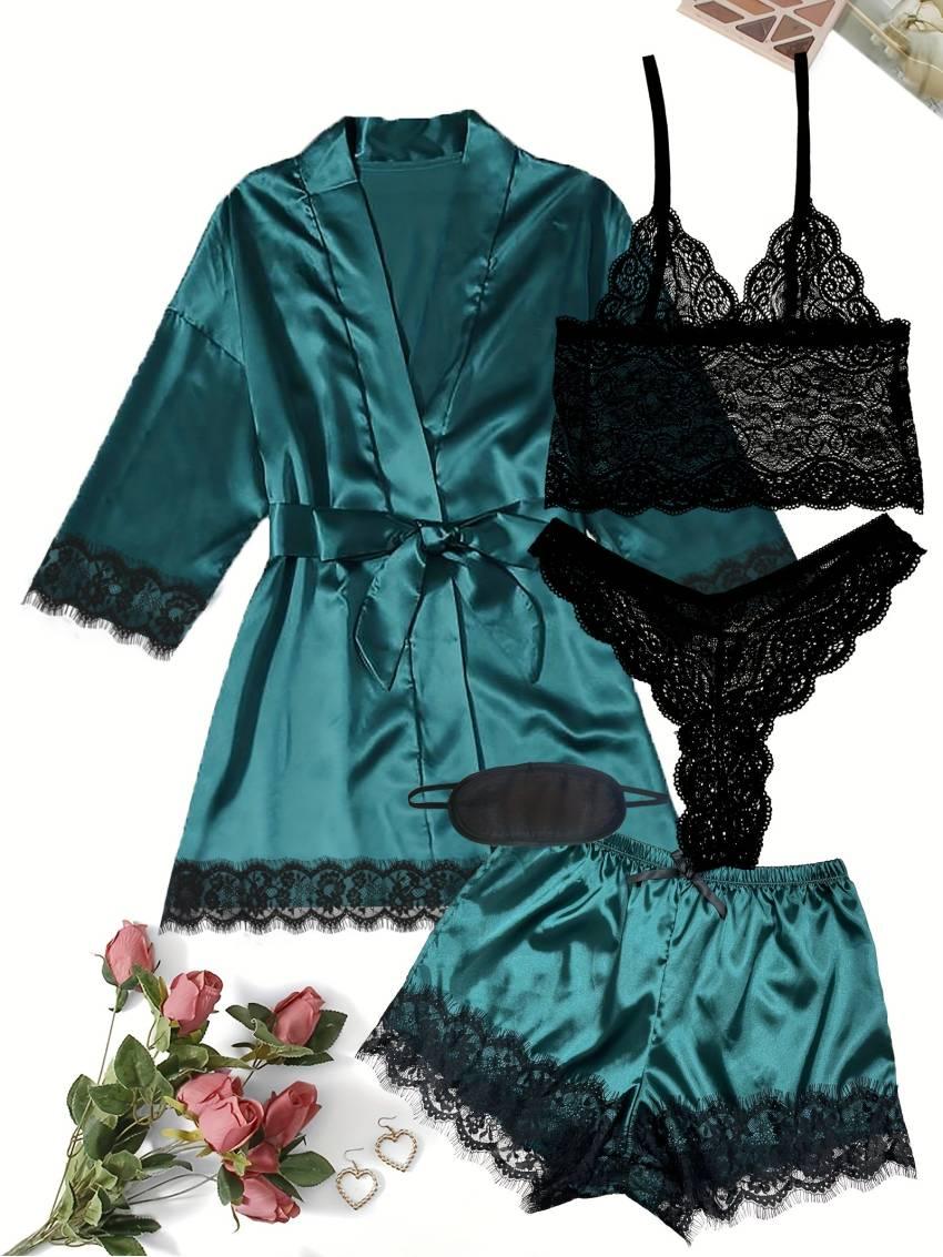 Luxe Floral Lace Satin Lounge Set - Soft and stylish robe with belt, V-neck camisole, thong and shorts - Image 15