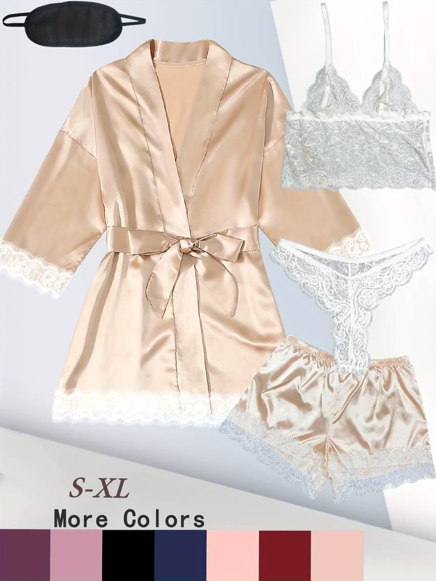 Luxe Floral Lace Satin Lounge Set - Soft and stylish robe with belt, V-neck camisole, thong and shorts - Image 52