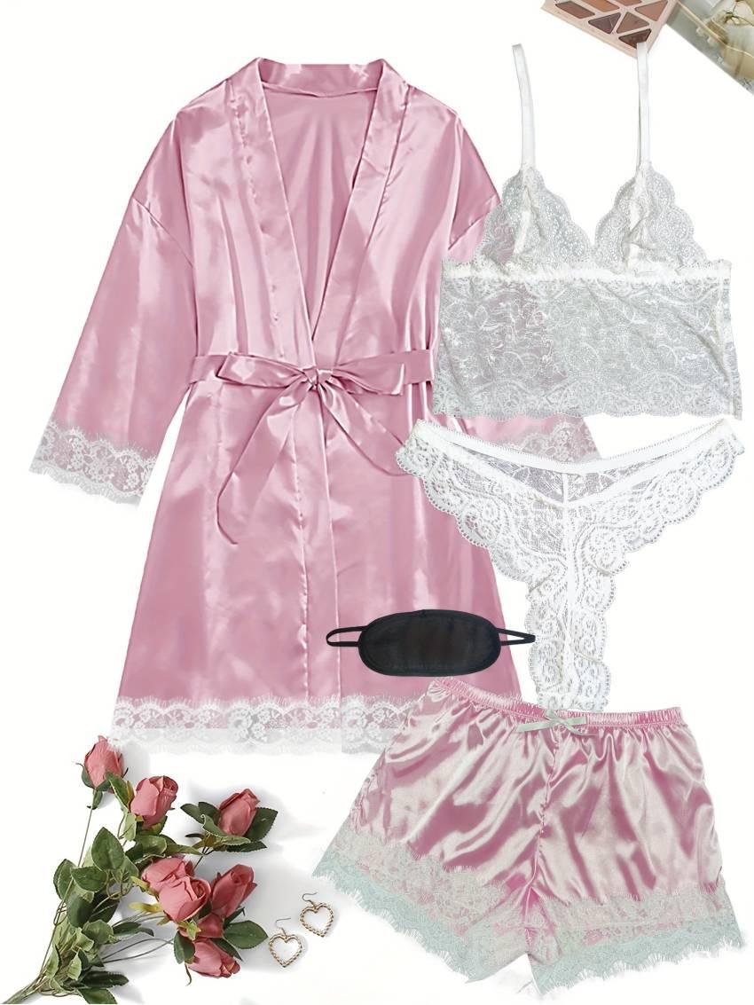 Luxe Floral Lace Satin Lounge Set - Soft and stylish robe with belt, V-neck camisole, thong and shorts - Image 21