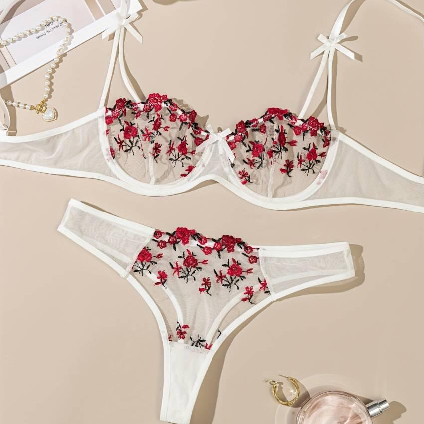 Floral embroidered bra set, mesh unlined bra and mesh panties - Image 39