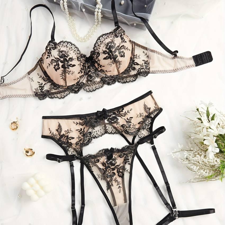 Exquisite Floral Embroidery Lingerie Set - Semi-Sheer, Bow-Adorned, Bra, Thong, and Garter Belt - Image 13