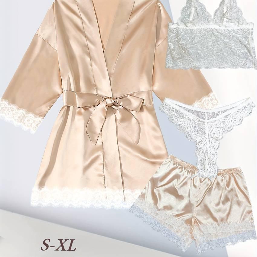 Luxe Floral Lace Satin Lounge Set - Soft and stylish robe with belt, V-neck camisole, thong and shorts - Image 67