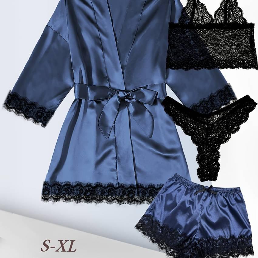 Luxe Floral Lace Satin Lounge Set - Soft and stylish robe with belt, V-neck camisole, thong and shorts - Image 65