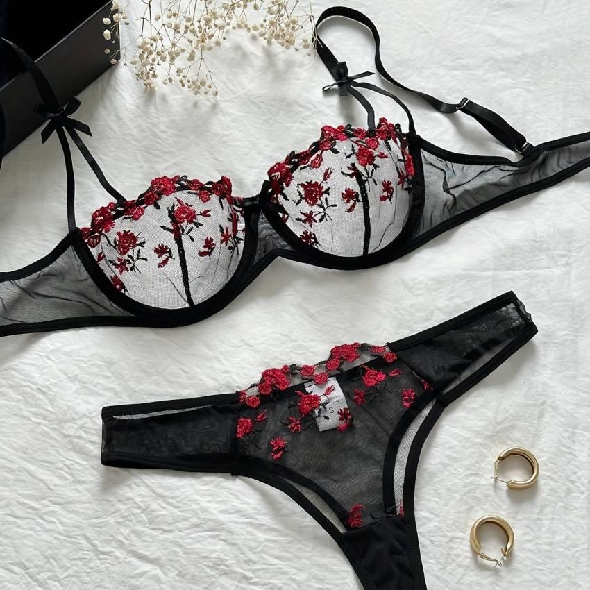 Floral embroidered bra set, mesh unlined bra and mesh panties - Image 34