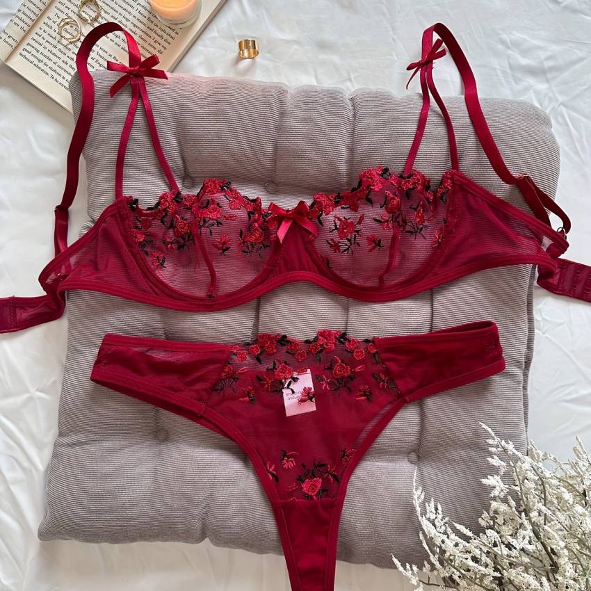 Floral embroidered bra set, mesh unlined bra and mesh panties - Image 36