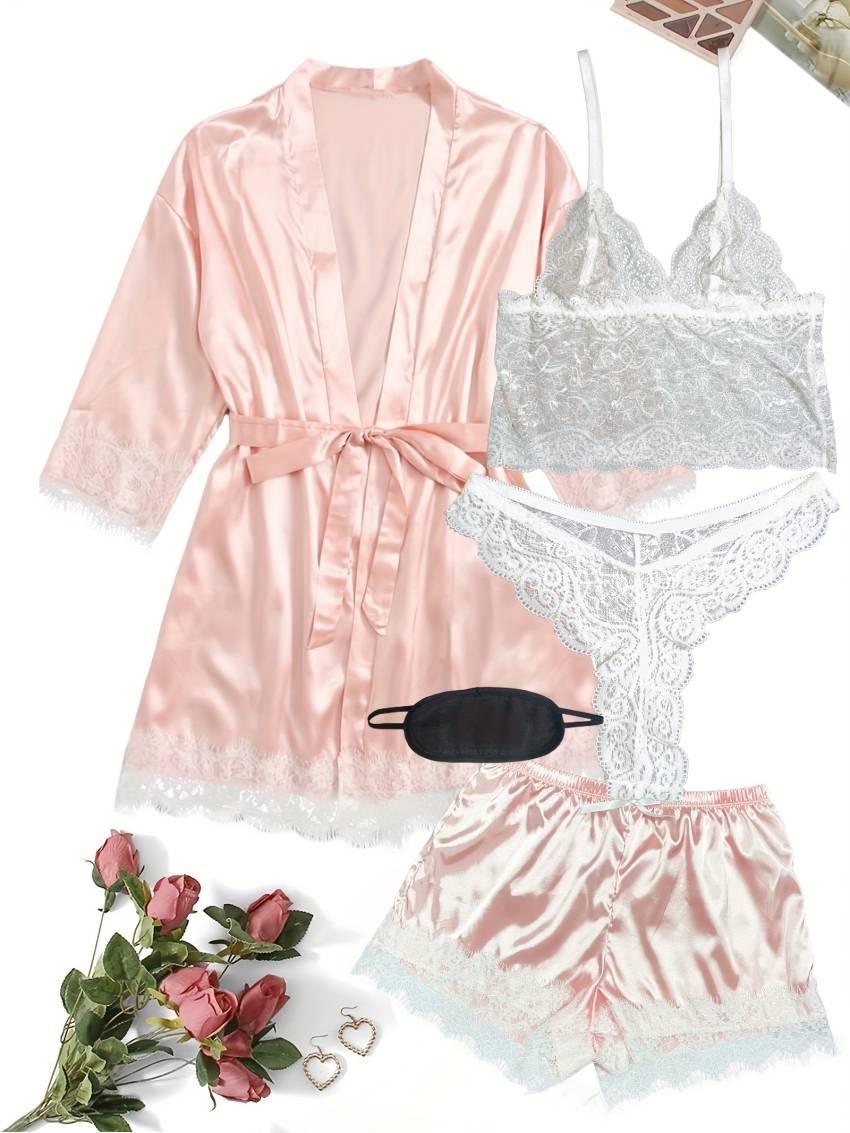 Luxe Floral Lace Satin Lounge Set - Soft and stylish robe with belt, V-neck camisole, thong and shorts - Image 33