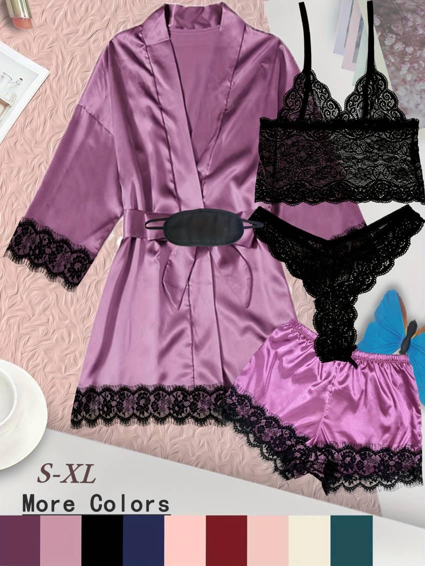 Luxe Floral Lace Satin Lounge Set - Soft and stylish robe with belt, V-neck camisole, thong and shorts - Image 25