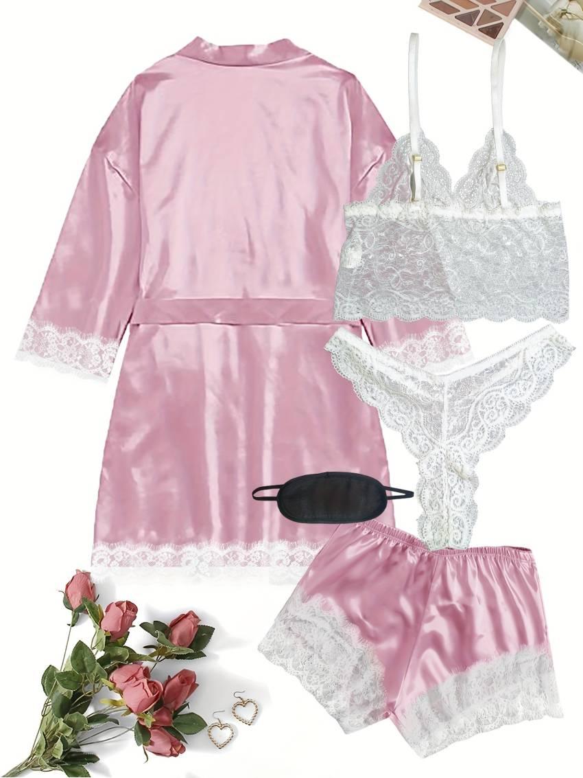 Luxe Floral Lace Satin Lounge Set - Soft and stylish robe with belt, V-neck camisole, thong and shorts - Image 20
