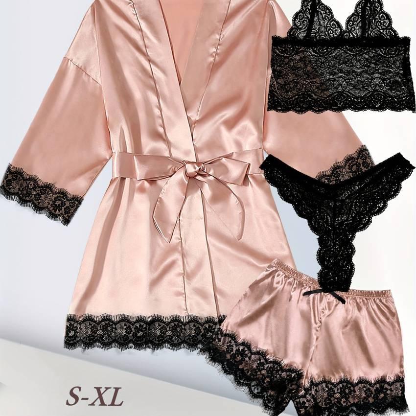 Luxe Floral Lace Satin Lounge Set - Soft and stylish robe with belt, V-neck camisole, thong and shorts - Image 66
