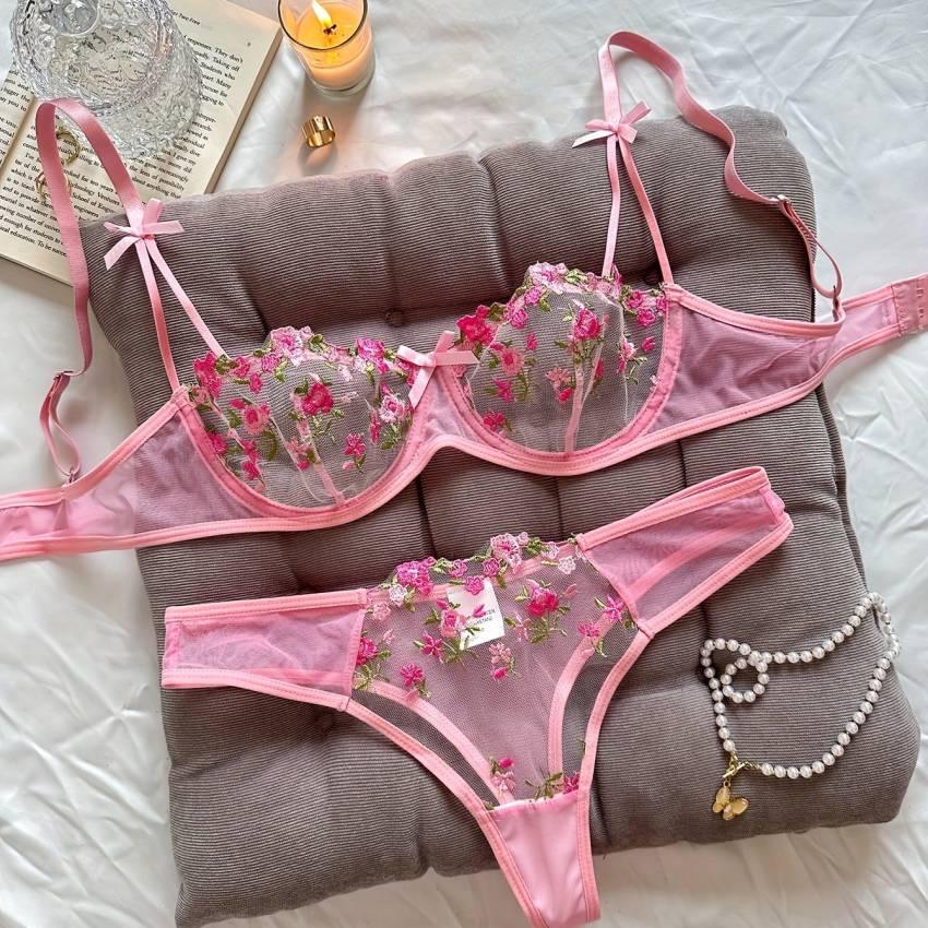 Floral embroidered bra set, mesh unlined bra and mesh panties - Image 35