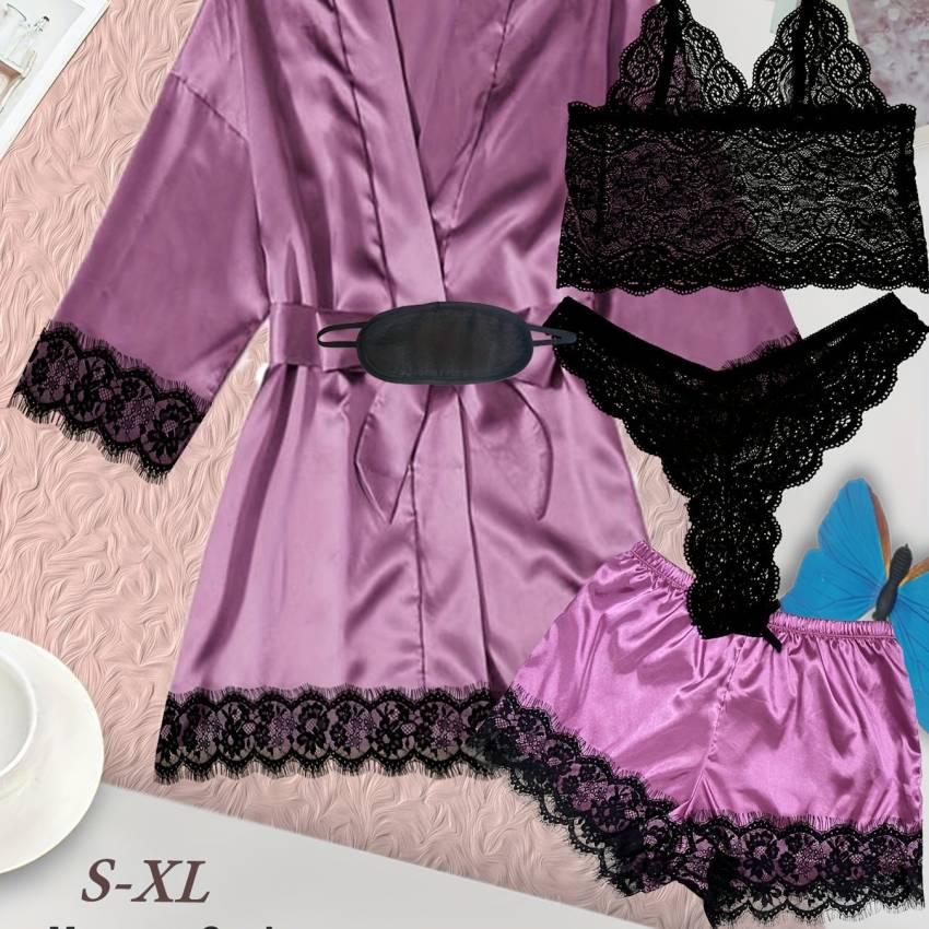 Luxe Floral Lace Satin Lounge Set - Soft and stylish robe with belt, V-neck camisole, thong and shorts - Image 63