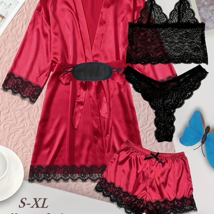 Luxe Floral Lace Satin Lounge Set - Soft and stylish robe with belt, V-neck camisole, thong and shorts - Image 60