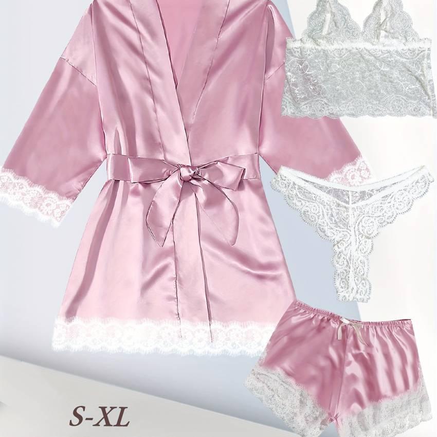 Luxe Floral Lace Satin Lounge Set - Soft and stylish robe with belt, V-neck camisole, thong and shorts - Image 62