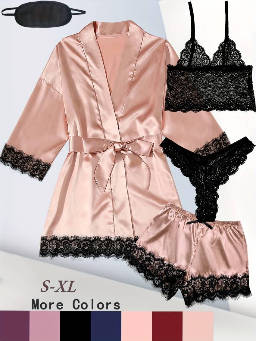 Luxe Floral Lace Satin Lounge Set - Soft and stylish robe with belt, V-neck camisole, thong and shorts - Image 45