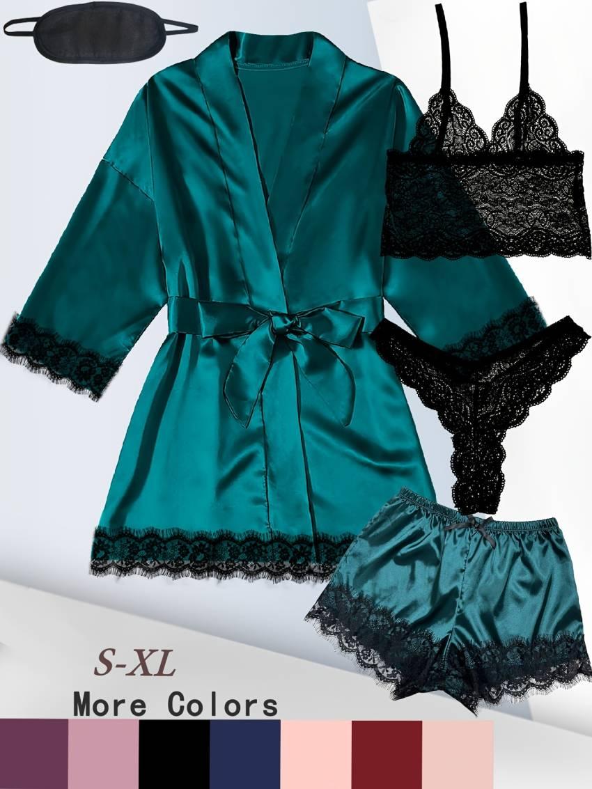 Luxe Floral Lace Satin Lounge Set - Soft and stylish robe with belt, V-neck camisole, thong and shorts - Image 13