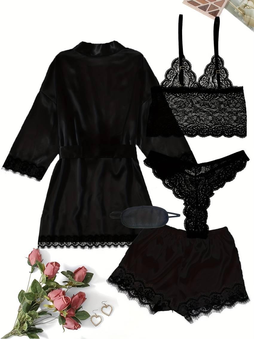 Luxe Floral Lace Satin Lounge Set - Soft and stylish robe with belt, V-neck camisole, thong and shorts - Image 2