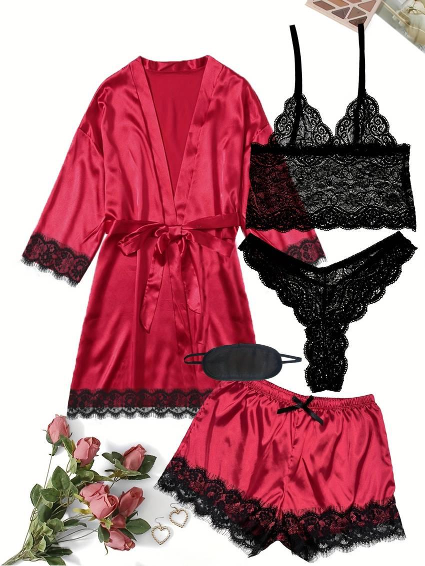 Luxe Floral Lace Satin Lounge Set - Soft and stylish robe with belt, V-neck camisole, thong and shorts - Image 9