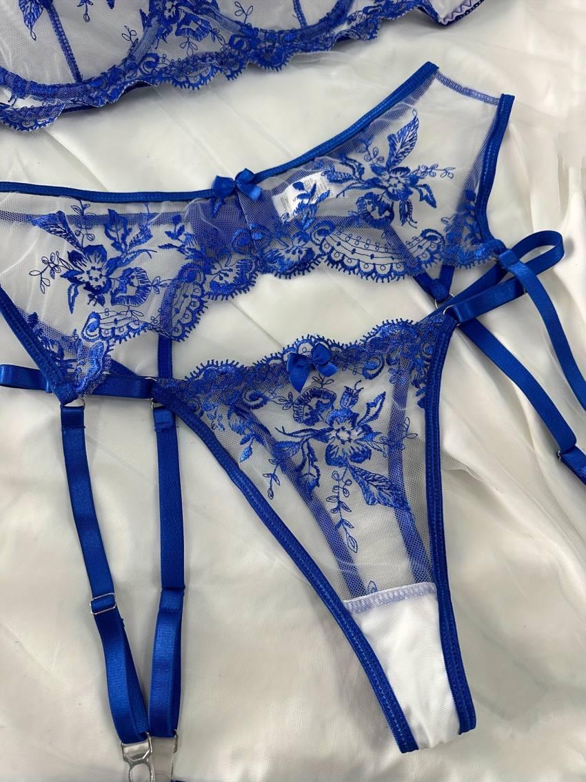 Exquisite Floral Embroidery Lingerie Set - Semi-Sheer, Bow-Adorned, Bra, Thong, and Garter Belt - Image 10
