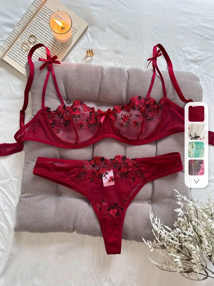 Floral embroidered bra set, mesh unlined bra and mesh panties - Image 16