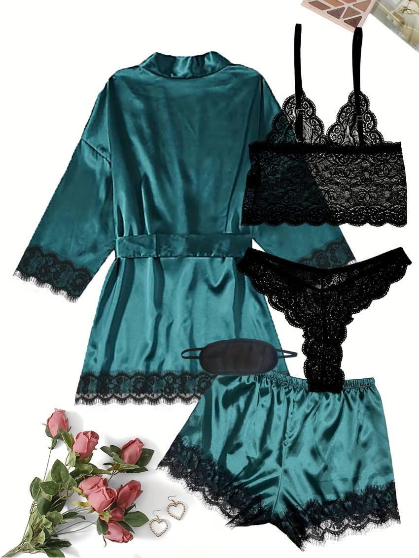 Luxe Floral Lace Satin Lounge Set - Soft and stylish robe with belt, V-neck camisole, thong and shorts - Image 14