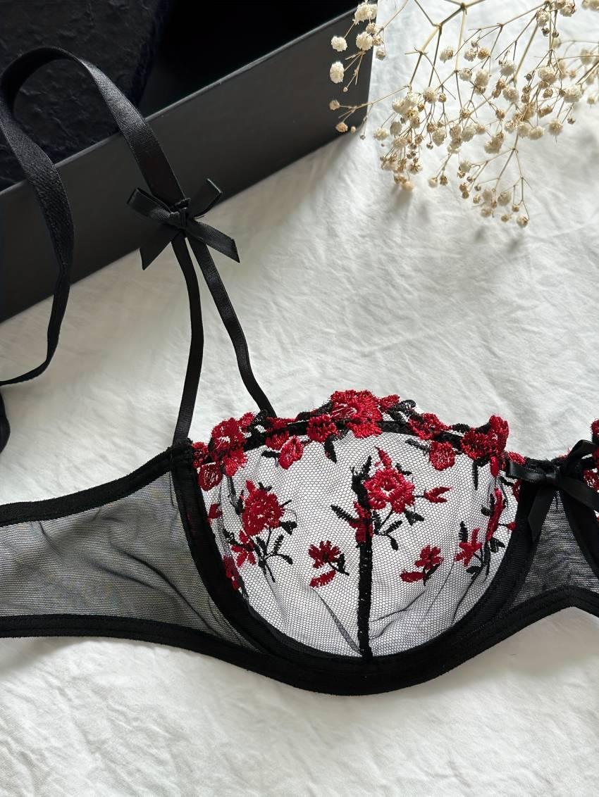 Floral embroidered bra set, mesh unlined bra and mesh panties - Image 4