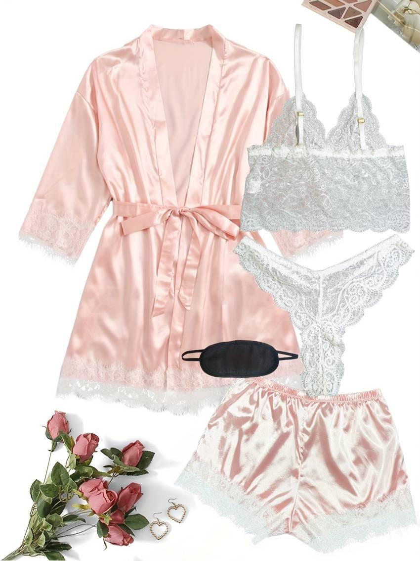 Luxe Floral Lace Satin Lounge Set - Soft and stylish robe with belt, V-neck camisole, thong and shorts - Image 32