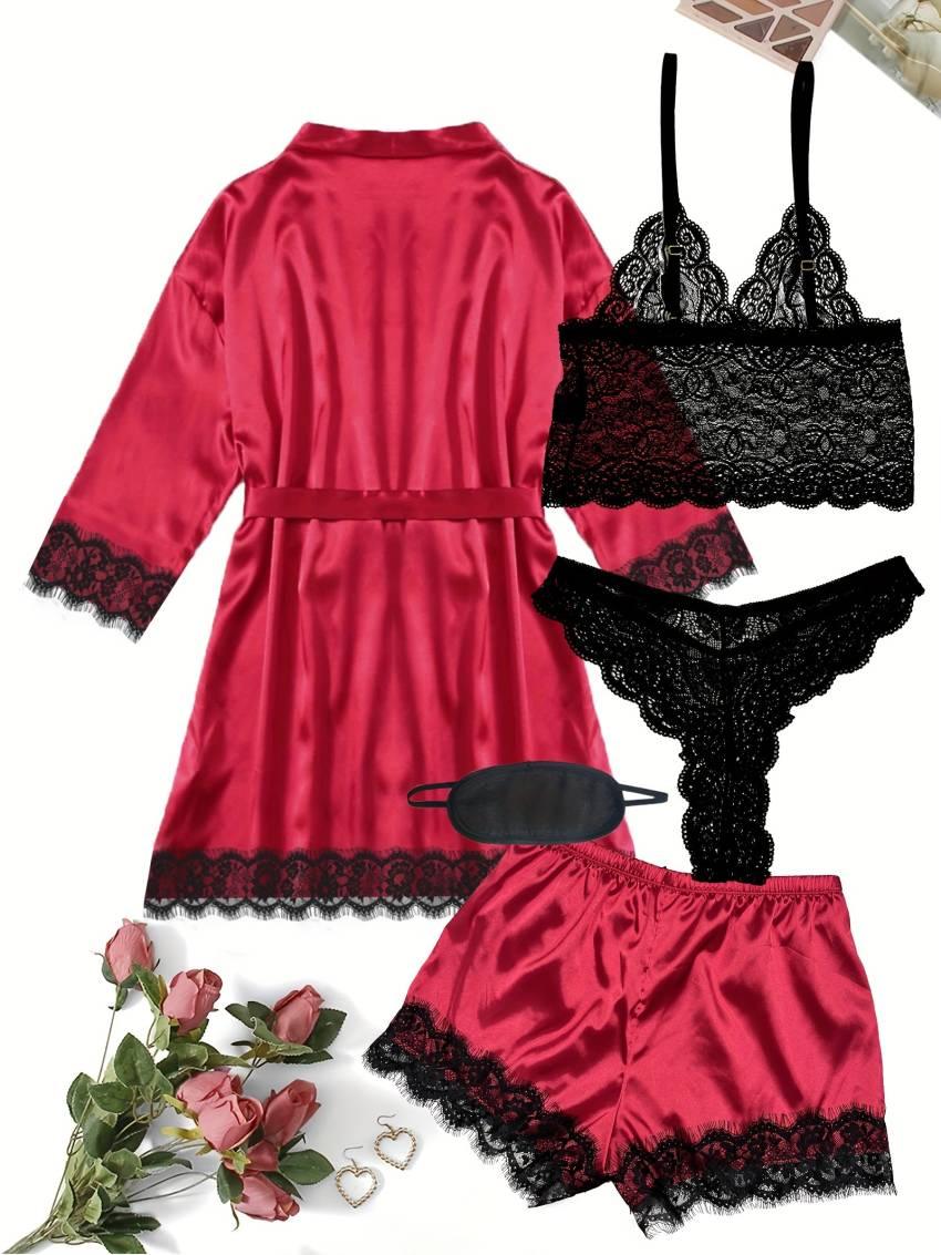 Luxe Floral Lace Satin Lounge Set - Soft and stylish robe with belt, V-neck camisole, thong and shorts - Image 8