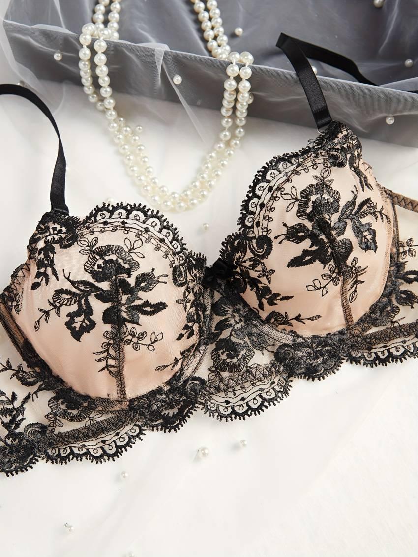 Exquisite Floral Embroidery Lingerie Set - Semi-Sheer, Bow-Adorned, Bra, Thong, and Garter Belt - Image 4