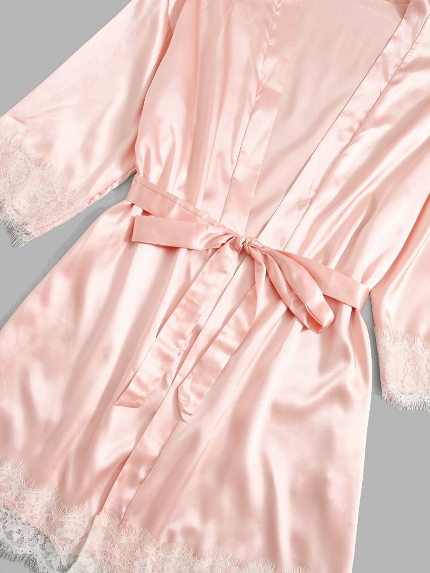 Luxe Floral Lace Satin Lounge Set - Soft and stylish robe with belt, V-neck camisole, thong and shorts - Image 35