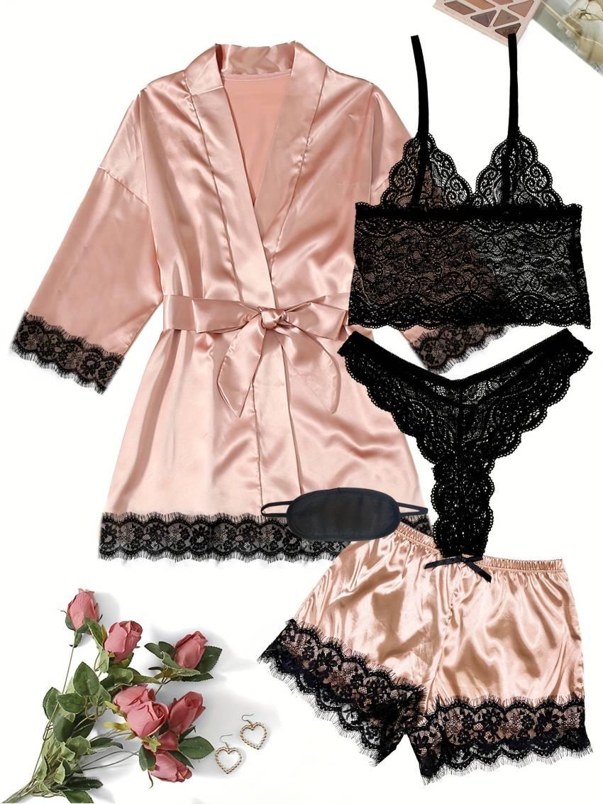 Luxe Floral Lace Satin Lounge Set - Soft and stylish robe with belt, V-neck camisole, thong and shorts - Image 46