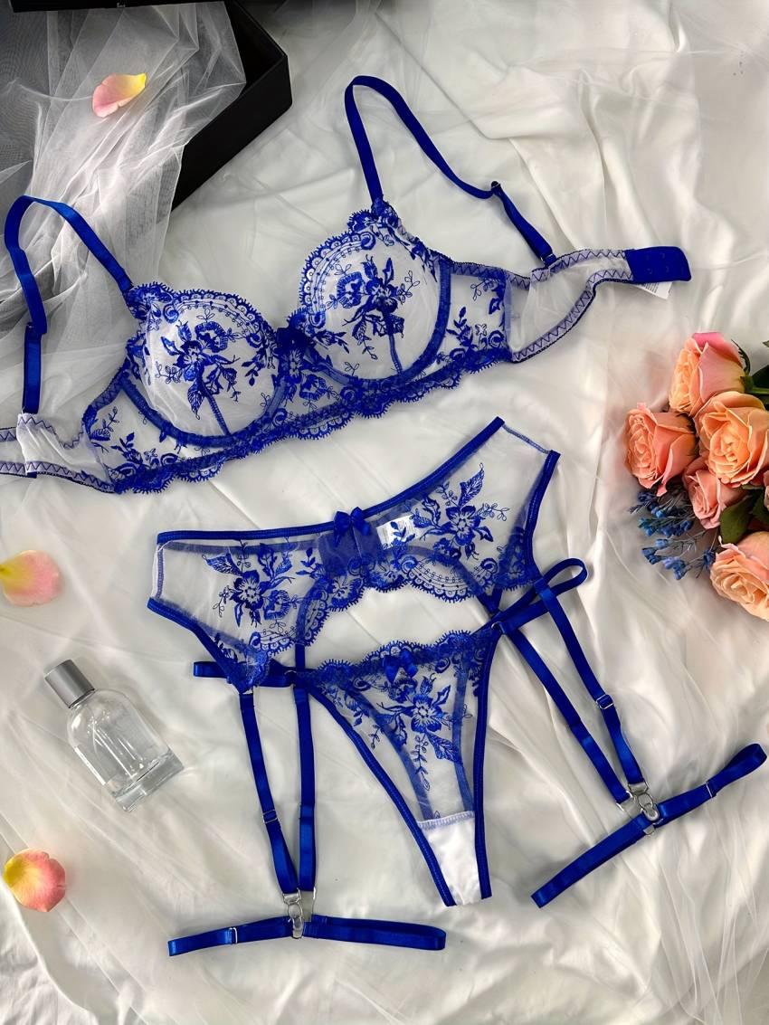 Exquisite Floral Embroidery Lingerie Set - Semi-Sheer, Bow-Adorned, Bra, Thong, and Garter Belt - Image 8